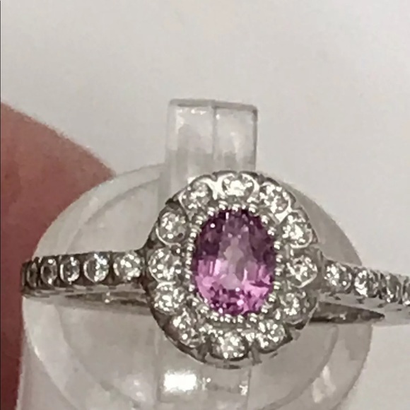 14k GENUINE Pink Sapphire & Diamond Halo Ring - Picture 7 of 15